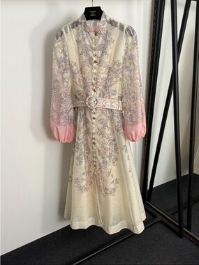 Elegant Cream and Pink Paisley Button-Front Midi Dress— Zimmerman